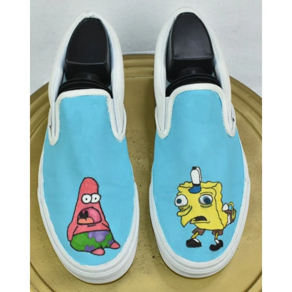 Vans Men Shoes Size 8.5 Custom White Painted Rare SpongeBob & Patrick Slip On
